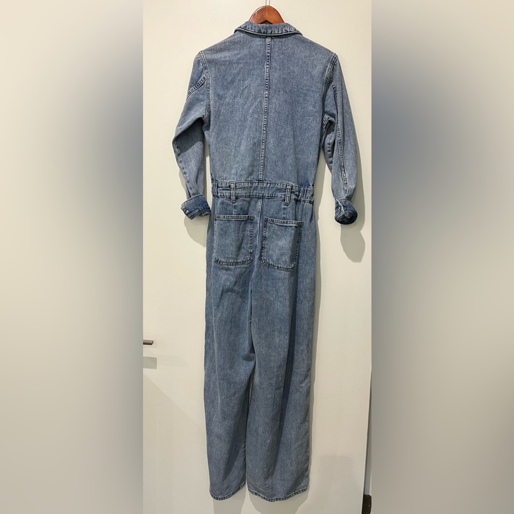 Soft Denim Jumpsuit Metal Buttons Zip Fly Elastic Waist Wide Legs Trendy Utility - Picture 5 of 10